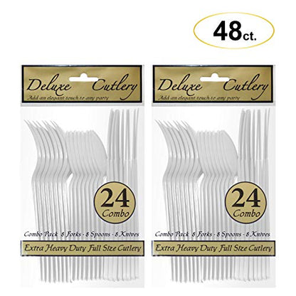 Party Essentials Extra Heavy Duty Hard Plastic Cutlery Combo Pack, Full Size Knives/Forks/Spoons, White, 48-Pieces/ 16-Place Settings (N1224WH-2) - color: White, size: 48-Pieces/ 16-Place Settings