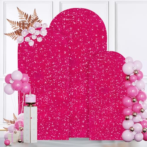 MODFUNS Metal Arch Backdrop Stand and Cover Set 6&6.6&7.2ft Hot Pink Sequins Arch Backdrop Cover Set of 3 Gold Arch Stand with Covers for Baby Shower Birthday Party Banquet Decoration - color: Hot Pink, size: 6&6.6&7.2FT-Set