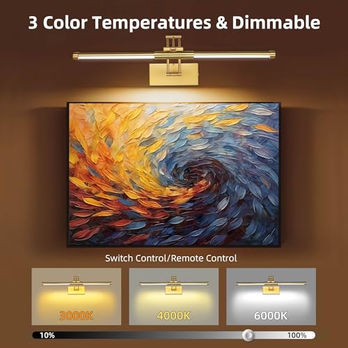 24“ Picture Lights for Wall, 8000mAh Rechargeable Wireless Picture Light with Remote, LED Wall Lights 3000K/4000K/6000K Dimmable, Art Lighting for Paintings Frame Gallery Dartboard, Brass - color: Gold, size: 24 inch