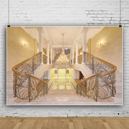 Leowefowa 5x3ft Castle Backdrop Luxurious Golden Palace Elegant Stair Droplight White Pillar Marble Floor Interior Wedding Vinyl Photography Background Kids Adults Photo Studio Props - size: 5x3ft