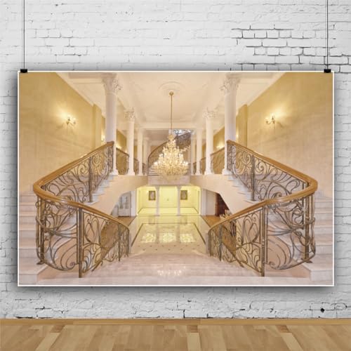 Leowefowa 5x3ft Castle Backdrop Luxurious Golden Palace Elegant Stair Droplight White Pillar Marble Floor Interior Wedding Vinyl Photography Background Kids Adults Photo Studio Props - size: 5x3ft