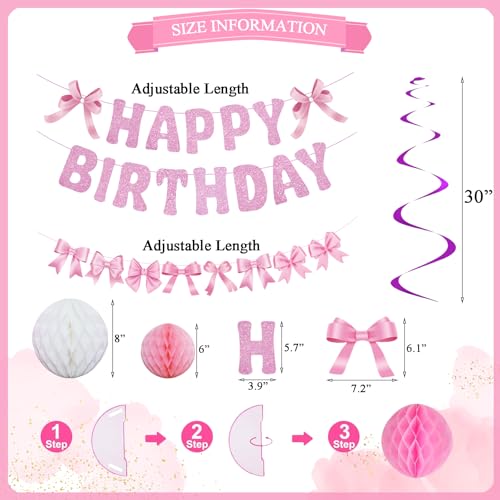 Pre-strung Pink Bow Birthday Party Decorations Glitter Happy Birthday Banner Honeycomb Balls Bows Hanging Swirls for Women Girls Coquette Party Decor