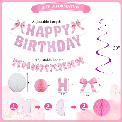 Pre-strung Pink Bow Birthday Party Decorations Glitter Happy Birthday Banner Honeycomb Balls Bows Hanging Swirls for Women Girls Coquette Party Decor