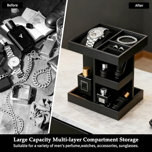 Rotating Cologne Organizer for Men, 3-Tier Large Capacity Wooden Perfume Stand with 360° Display, Desk & Dresser Organizer for Cologne, Watches & Accessories, Gift for Husband, Dad & Men (Black)