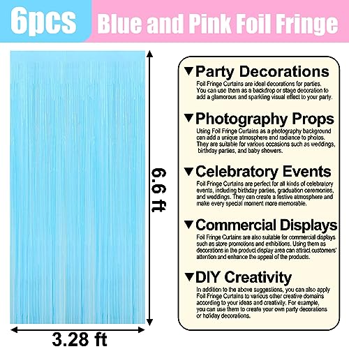 6 Pack Macaron Pink Blue Foil Fringe Curtain Backdrop, 3.28Ft x 6.6Ft Metallic Tinsel Foil Fringe Streamer Curtains for Photo Booth, Christmas Day, Thanksgiving, Wedding, New Year Party Decorations - color: Macaron Pink Blue