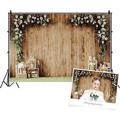 10x8ft Polyester Wedding Backdrop Rustic Floral Flower Wood Wall Backdrop Bridal Shower Reception Ceremony Photography Background Wedding Proposal Party Kids Birthday Party YouTube Photo Prop - size: 10x8ft-Polyester