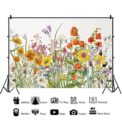 Laeacco 7x5FT Watercolor Wild Flower Backdrop Plain Floral Bridal Shower Wedding Background Rustic Retro Colorful Dried Flower Backdrop for Birthday Home Room Wallpaper Women Girl Children Portrait - size: 7x5ft