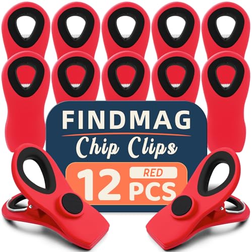 FINDMAG 12 Pack Chip Clips, Red Magnetic Bag Clip for Food Packages, RV Accessories, Airtight Clips with Handle Durable Bag Sealers for Metal Surface, Garden, Fridge, Potatoes, Bread, Kitchen - color: Red, size: Pack of 12