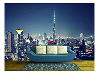 wall26 - Beautiful Dubai Cityscape, Bird's Eye View on a Night Urban Scene - Removable Wall Mural | Self-Adhesive Large Wallpaper - 66x96 inches - color: Artwork - 15, size: 66"x96"