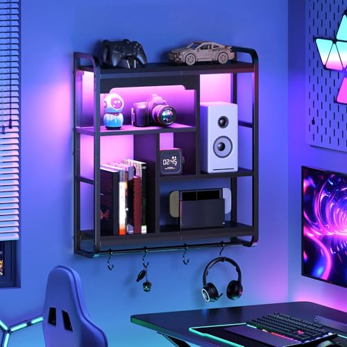 HOOBRO Gaming Floating Shelves with LED Lights, 26.4" LED Wall Mounted Shelf, Modern Corner Shelf 3-Tier Display Rack for Wall Storage, Arched Design, for Kitchen, Living Room, Study, Black BB44DBJ01 - color: Black