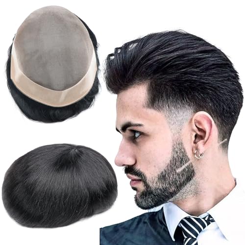 Mens Hair System Hairpiece Mono Lace Systems Toupee Size 7x9 Inch Color 1# Replacement Unit Human Hair Durable Natural Invisible Hairline Prosthesis For Men Long Lasting Mens Toupee - color: 1# Jet black - Mono NPU, size: 7x9 Inch