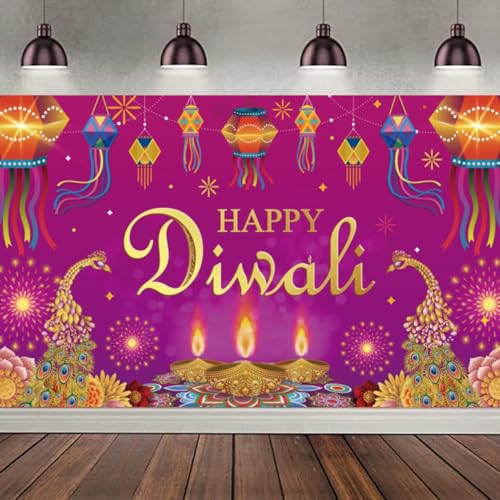 KYMY Happy Diwali Backdrop Decorations, India Festival Diwali Banner 70.9X43.3inch, Polyester Durable Festival of Lights Rangoli Photography Background for Indian Holiday Party Supplies Decor - color: Lt.Purple