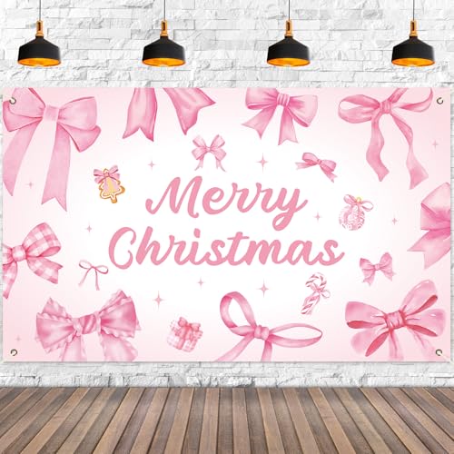 Pink Bow Christmas Backdrop Xmas Birthday Party Decorations Merry Christmas Photography Background Pink Bow Hanging Banner for Girls Women Birthday Bachelorette Party Supplies Photo Props 6x3.6 ft