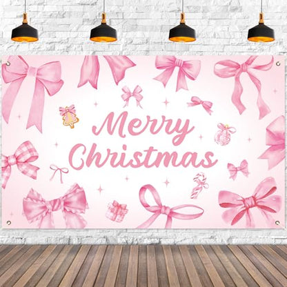 Pink Bow Christmas Backdrop Xmas Birthday Party Decorations Merry Christmas Photography Background Pink Bow Hanging Banner for Girls Women Birthday Bachelorette Party Supplies Photo Props 6x3.6 ft
