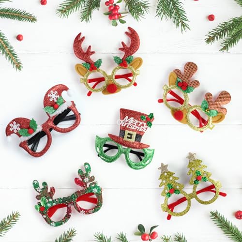 GoosWexmzl 24 Pcs Christmas Glasses Frames, Christmas Tree Santa Reindeer Glitter Eyeglasses, Funny Christmas Decoration Accessories for Adults, Holiday Favors Photo Booth props