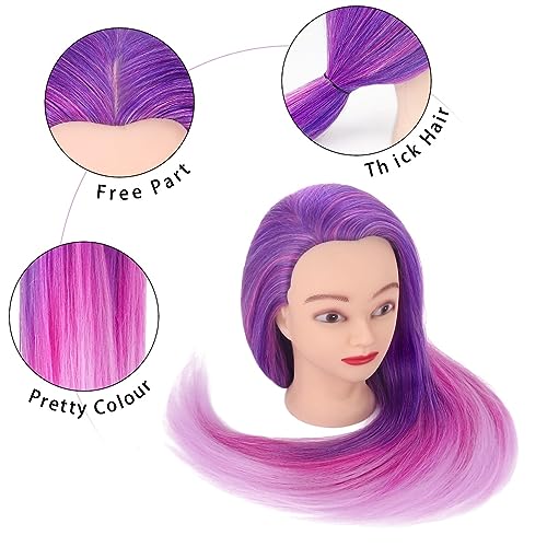 Mannequin Head with Hair, Beauty Star Doll Head for Styling, 29" Long Syntheic Hair Cosmetology Hairdressing Training Practice Manikin Head with Clamp Stand and Braiding Kit for Girls - color: Pink & Purple