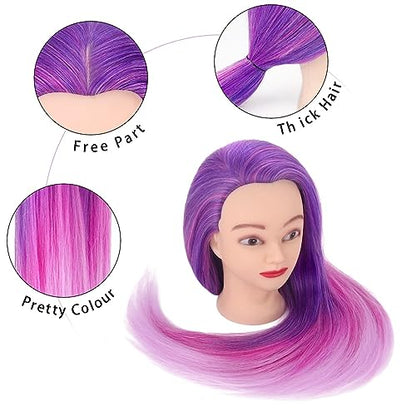 Mannequin Head with Hair, Beauty Star Doll Head for Styling, 29" Long Syntheic Hair Cosmetology Hairdressing Training Practice Manikin Head with Clamp Stand and Braiding Kit for Girls - color: Pink & Purple
