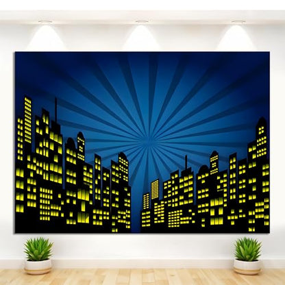 12x10ft Polyester Cartoon Super City Background Skyline Skyscraper Urban Light Photography Backdrop Children Boby Happy Birthday Backdrop Super City Party Photo Studio Props - size: 12x10 FT