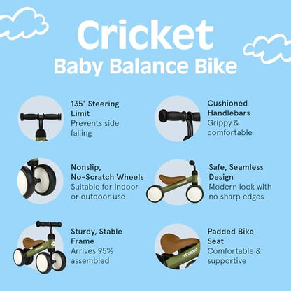 Retrospec Cricket Baby Balance Bike, 4-Wheel Ride-On Toy for Ages 12-24 Months – First Bike & Toddler Bike for 1 Year Old Boys & Girls, First Birthday Gift - color: Olive Drab