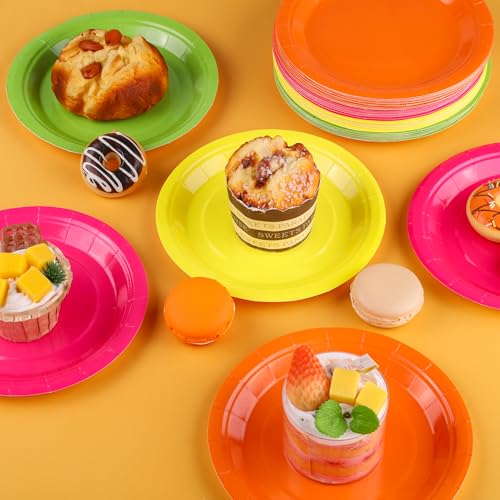 Breroa 72 Pieces Neon Paper Plates 7 Inch Bulk Paper Plates Disposable Round Dessert Plate Heavy Duty Solid Color Papers Plate Table Decors Party Supply for Birthday Party, Dinner Table, Wedding - color: Neon