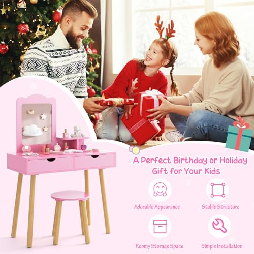 Costzon Kids Vanity Set, Girls Vanity Set with Mirror and Stool, 2 Large Drawers, Storage Shelf, Wooden Princess Makeup Dressing Table, Vanity Table and Chair Set for Toddlers (Pink) - style: Pink with Square Mirror