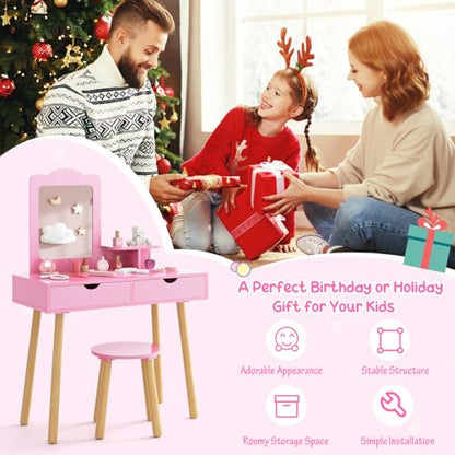 Costzon Kids Vanity Set, Girls Vanity Set with Mirror and Stool, 2 Large Drawers, Storage Shelf, Wooden Princess Makeup Dressing Table, Vanity Table and Chair Set for Toddlers (Pink) - style: Pink with Square Mirror