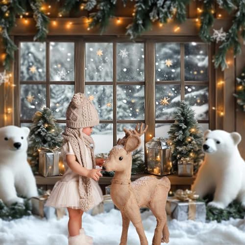 AIBIIN 7x5ft Winter Christmas Backdrop Window Snowy Xmas Pine Trees Forest View Photography Background Winter Christmas Cute Bear Gift Photo Backdrop - color: Bear, size: 7x5ft