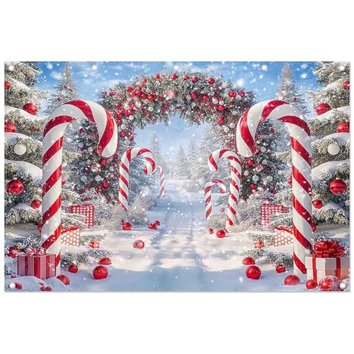 Fabric 12x8ft Merry Christmas Cane Candy Photography Backdrop Winter Snow Scene Xmas Tree Background New Year Eve Party Decoration Holiday Photo Banner Props - size: 12'X8'