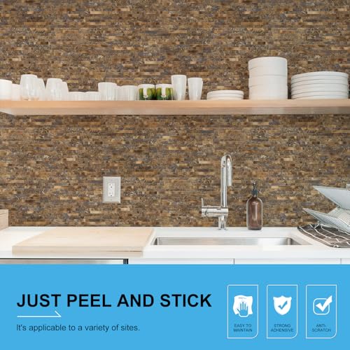 Peel and Stick Backsplash Tile, 10 Sheets Rustic Stone Look PVC Wall Tiles, Dark Rust and Gold Self Adhesive Backsplash for Kitchen and Bathroom, Waterproof Heat Resistant - color: Yellow Rust Stone