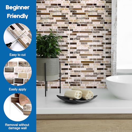 Yipscazo 10 Sheet 12''x12'' Peel and Stick Backsplash Tile for Kitchen, Self-Adhesive Stick on Backsplash Laundry Bathroom Textured Vinyl Sticker Wall Tiles Smart Tile in Sandstone - color: Sandstone