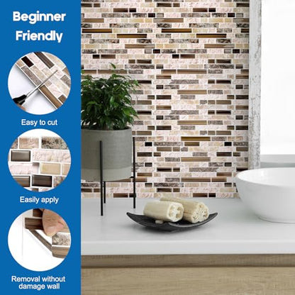 Yipscazo 10 Sheet 12''x12'' Peel and Stick Backsplash Tile for Kitchen, Self-Adhesive Stick on Backsplash Laundry Bathroom Textured Vinyl Sticker Wall Tiles Smart Tile in Sandstone - color: Sandstone