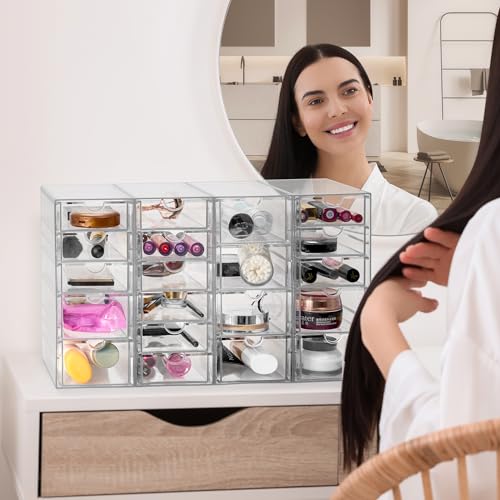 Sorbus Makeup Organizer With 20 Drawers, Acrylic Drawer Organizer for Makeup, Office Organization and Storage, Art Supplies, Jewelry, Stationary - 4 Pcs Clear Stackable Storage Bins Organizer Drawers - size: 20 Drawers