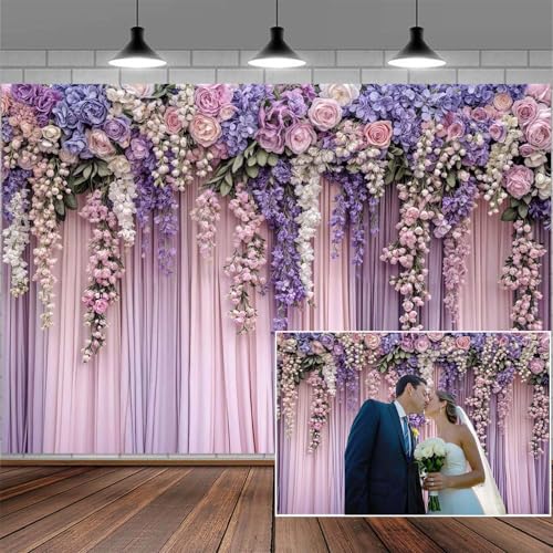 5x3ft Purple Flower Wedding Photography Backdrop Lavender Floral Wedding Bridal Photography Backdrop Anniversary Birthday Baby Shower Girl Party Banner Photo Booth Props Background Wall Decor - color: Multi2, size: 5X3FT