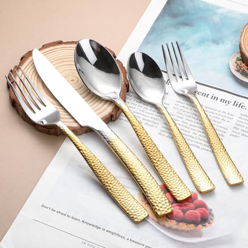 Hammered Silverware Set For 4,Forks and Spoons 18/10 Stainless Steel Heavy Duty Silverware Gold Cutlery Set 20 Piece Flatware Set,Mirror Polished,Dishwasher Safe (20 pcs gold) - color: 20pcs Gold