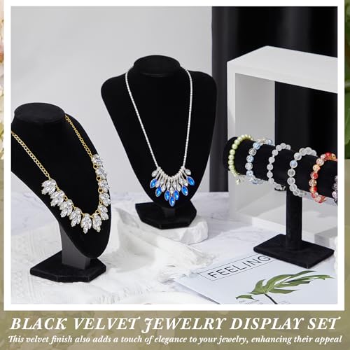 Huquary 6 Pcs Velvet Jewelry Display Set Necklace Display Stand T Bar Bracelet Holder Jewelry Bust for Home Store Trade Show (Black) - color: Black
