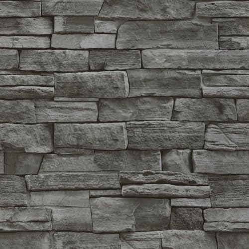 Abyssaly Dark Grey Stone Brick Wallpaper Peel and Stick Backsplash Self-Adhesive Removable Contact Paper Stick on Wall Panels Faux 3D Stone Look Brick Shelf Paper Home Decorations 17.71" X 393.7" - color: Drak Grey, size: 17.7" x 393.7"