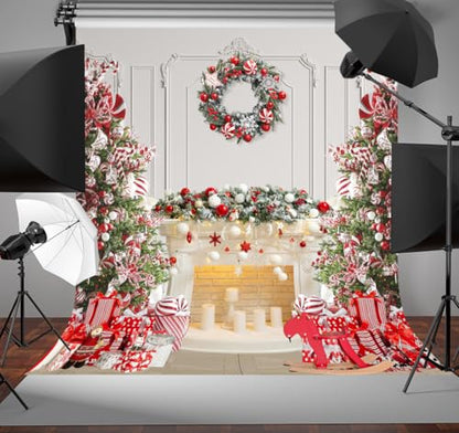 8x8 FT Christmas Fireplace Backdrop White Fireplace Red Xmas Tree Photography Background Winter Christmas Family Kids Holiday Party Theme Decorations Banner Photo Booth Props - size: 8x8 FT
