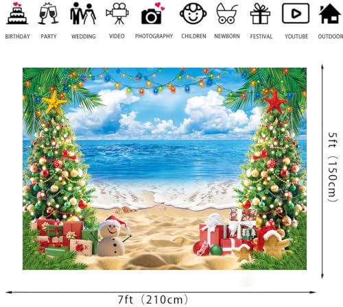 July Christmas Backdrop for Photography 7x5FT Summer Beach Christmas Tree Decorations Background Tropical Hawaiian Xmas Party Supplies Photo Props - size: 7x5FT
