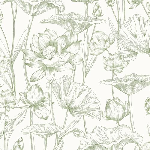 Vinjiasin Wallpaper Peel and Stick Green Floral Contact Paper Modern Lotus Wall Paper for Bedroom Bathroom Removable Self Adhesive Flower Leaf 17.3"x 197" - color: Green, size: 17.3" x 197"