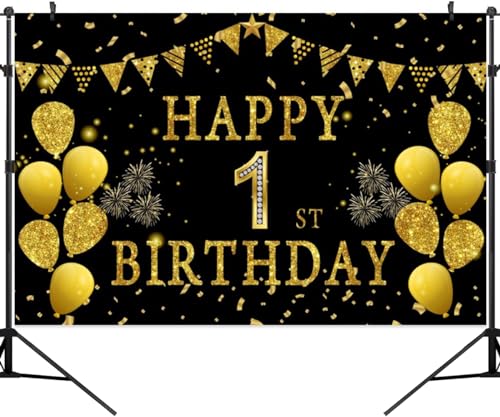 9x6ft Happy 1st Birthday Party Photography Backdrop, Glitter Black and Gold Balloons Background for Girl Goy First Bday Shining Diamond 1st Years Old Birthday Party Supplies - color: 1st, size: 9x6ft