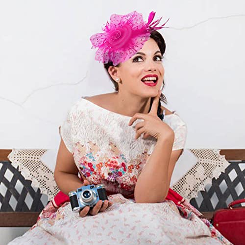 Fascinators Hats with Gloves Set for Women 20s 50s Cocktail Tea Party Wedding Costume Headwear - color: 02 Hot Pink