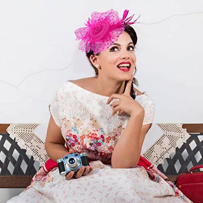 Fascinators Hats with Gloves Set for Women 20s 50s Cocktail Tea Party Wedding Costume Headwear - color: 02 Hot Pink