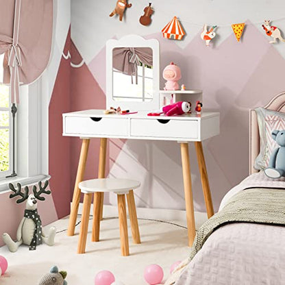 Costzon Kids Vanity Set, Girls Vanity Set with Mirror and Stool, 2 Large Drawers, Storage Shelf, Wooden Princess Makeup Dressing Table, Pretend Play Vanity Table and Chair Set for Toddlers, White - style: White with Square Mirror