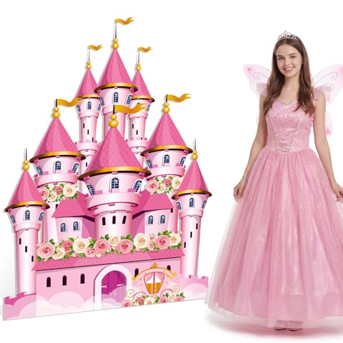 Yinkin Pink Princess Cardboard Castle Cutout Stand up 4ft Tall Princess Castle Party Decoration Waterproof Royal Fairytale Floral Photo Booth Prop for Pink Bridal Shower Birthday Party Decor - color: Princess