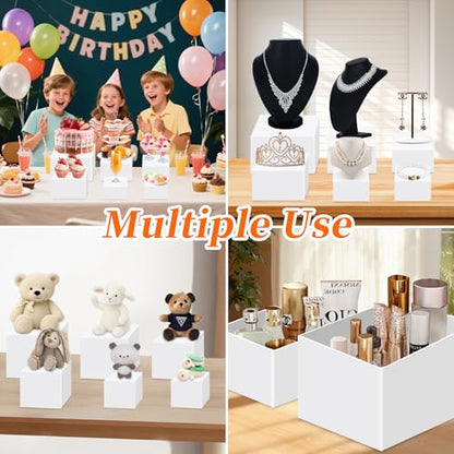 Draupnir 6 Pcs Food Risers for Display Party Included Mini Sign and Makers, 5 Sizes Hollow Acrylic Buffet Risers with Bottoms, White Catering Dessert Jewelry Collectibles Boxes(4",4",5",6",7",8")