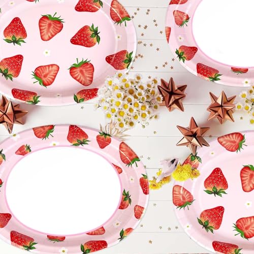Grencian 50 Pcs Strawberry Oval Paper Plates Large 10" x 12" Strawberry Plates Disposable Berry Sweet Tableware for Girl Strawberry Birthday Party Decorations Spring Summer Fruit Baby Shower Supplies - style: Strawberry Oval Plates