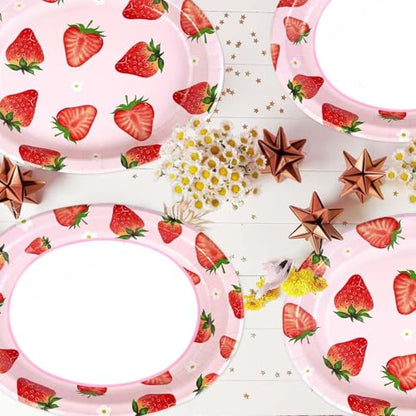 Grencian 50 Pcs Strawberry Oval Paper Plates Large 10" x 12" Strawberry Plates Disposable Berry Sweet Tableware for Girl Strawberry Birthday Party Decorations Spring Summer Fruit Baby Shower Supplies - style: Strawberry Oval Plates
