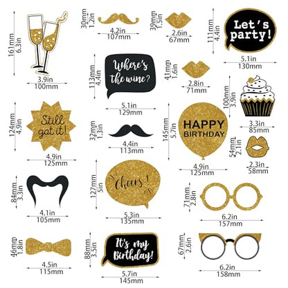 30 Pcs Gold and Black Birthday Photo Booth Props Kit, Happy Birthday Decorations, Funny Selfie Photo Props for 40th 50th 60th Birthday Graduation Wedding Party Supplies - style: Party Birthday Props-Gold
