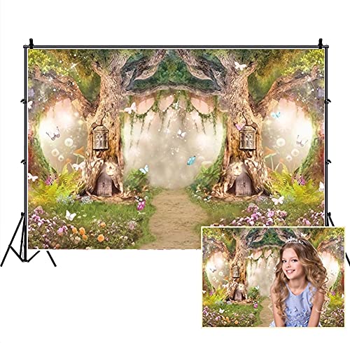 Leowefowa 10x6.5ft Enchanted Forest Birthday Backdrop Fairy Tale Forest Enchanted Garden Photography Background for Kids Birthday Baby Shower Party Photoshoot Newborn Children Cake Smash Studio Props - size: 10x6.5ft