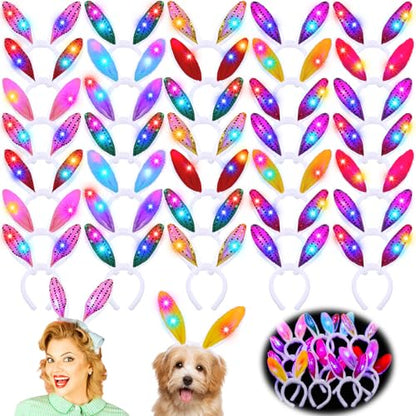 Zeyune 100 Pcs Light up Bunny Ears Headband, LED Ear Rabbit Hairband, Plush Luminous Headdress Party Hair Accessories for Women Men
